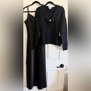 NWT CeCe Set of Black Elegant Long Sleeveless Dress and Sweater with Bow Detail
